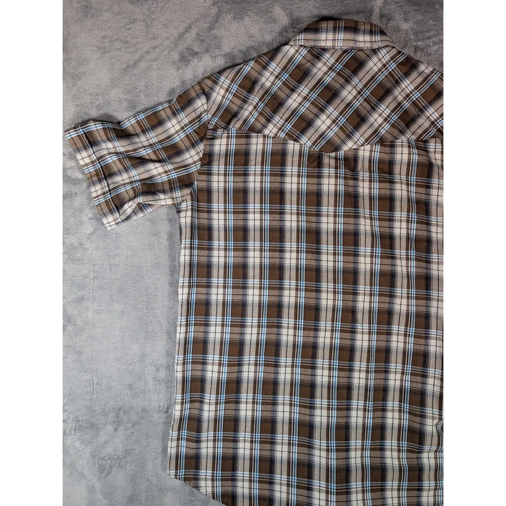 Plains Western Wear Mens Brown Blue Plaid Short Sleeve Pearl Snap Shirt Medium - Picture 10 of 12